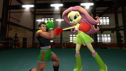 Size: 1366x768 | Tagged: safe, artist:migueruchan, fluttershy, equestria girls, g4, 3d, boots, boxing, boxing gloves, clothes, crossover, gmod, high heel boots, little mac (punch-out!!), midriff, punch-out!!, raised leg, skirt, sports bra, tank top