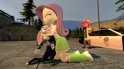 Size: 1366x768 | Tagged: safe, artist:migueruchan, fluttershy, fox, equestria girls, g4, 3d, boots, car, clothes, crossover, gmod, high heel boots, judy hopps, nick wilde, police car, police uniform, skirt, socks, tank top, zootopia