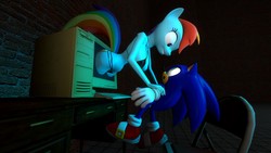 Size: 1366x768 | Tagged: safe, artist:migueruchan, rainbow dash, anthro, g4, 3d, computer, crossover, male, sonic the hedgehog, sonic the hedgehog (series)