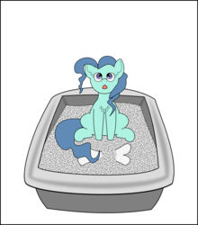 Size: 1065x1208 | Tagged: safe, artist:planetkiller, part of a set, petunia paleo, pony, g4, bone, female, litter ponies, litterbox, looking at you, looking up, looking up at you, simple background, sitting, solo