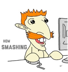 Size: 651x683 | Tagged: safe, artist:pizzamovies, oc, oc only, oc:pizzamovies, pony, chest fluff, computer, computer mouse, lightly watermarked, meme, nigel thornberry, not gallop j. fry, ponified, reaction image, simple background, smashing (meme), solo, watermark