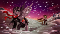 Size: 1280x736 | Tagged: safe, artist:das_leben, oc, oc only, oc:eugene, oc:seph, alicorn, pegasus, pony, alicorn oc, clothes, curved horn, duo, horn, jacket, looking back, male, pine tree, raised hoof, scarf, snow, snowfall, stallion, tree