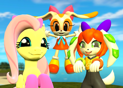 Size: 1500x1080 | Tagged: safe, artist:tbwinger92, fluttershy, g4, 3d, bashing, cream the rabbit, crossover, cute, freedom planet, gmod, milla basset, sonic the hedgehog (series)
