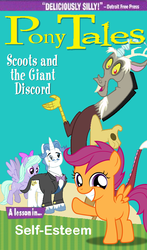 Size: 483x820 | Tagged: artist needed, safe, edit, discord, fancypants, flitter, scootaloo, draconequus, pegasus, pony, unicorn, series:pony tales, g4, cover art, crossover, female, filly, male, mare, parody, scoots and the giant discord, stallion, veggietales, vhs