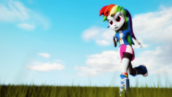 Size: 1920x1080 | Tagged: safe, artist:razethebeast, rainbow dash, equestria girls, g4, 3d, boots, clothes, cloud, compression shorts, female, grass field, open mouth, raised leg, running, skirt, sky, smiling, socks, solo, source filmmaker, spring, wristband