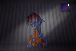 Size: 1600x1072 | Tagged: safe, artist:flufflecorn, rainbow dash, g4, bound wings, chains, clothes, crying, cuffs, female, gritted teeth, jumpsuit, prison, prison outfit, prisoner, prisoner rd, shackles, solo