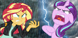 Size: 3729x1813 | Tagged: safe, artist:conthauberger, starlight glimmer, sunset shimmer, unicorn, equestria girls, g4, fight, hilarious in hindsight, meme, storm
