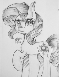 Size: 2241x2893 | Tagged: safe, artist:noey11843, sunset shimmer, pony, g4, female, grayscale, heart eyes, high res, monochrome, raised hoof, solo, traditional art, wingding eyes
