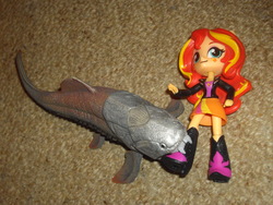 Size: 4000x3000 | Tagged: safe, artist:genie-dragon, sunset shimmer, dunkleosteus, fish, equestria girls, g4, boots, clothes, doll, equestria girls minis, eqventures of the minis, high heel boots, irl, jacket, leather jacket, photo, skirt, skirt lift, toy, wat