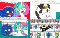 Size: 3395x2181 | Tagged: safe, artist:eternaljonathan, princess celestia, princess luna, oc, oc:nemo, alicorn, pony, comic:a new twist, g4, badge, chubby, clone, comic, female, foal, high res, horn, horn ring, mare, monitor, royal sisters, traditional art