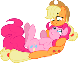 Size: 1605x1300 | Tagged: safe, artist:storfulsten, applejack, pinkie pie, pony, g4, cuddling, eye contact, female, lesbian, looking at each other, ship:applepie, shipping, simple background, transparent background