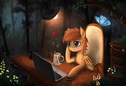 Size: 1500x1021 | Tagged: safe, artist:atlas-66, oc, oc only, oc:atlas66, butterfly, pegasus, pony, computer, computer mouse, cup, flower, forest, laptop computer, rain, rose, sad, scenery, solo