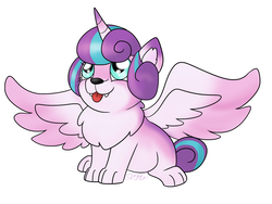 Size: 1024x768 | Tagged: safe, artist:usagi-zakura, princess flurry heart, alicorn, dog, pony, wolf, g4, :3, :p, chest fluff, cute, ear fluff, fangs, female, flurrybetes, horn, looking up, my little wolf, puppy, simple background, sitting, smiling, solo, species swap, spread wings, tongue out, white background, wings, wolfified