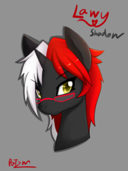 Size: 3000x4000 | Tagged: safe, artist:potzm, oc, oc only, oc:lawyshadow, bust, cute, edgy, fangs, gray background, red and black oc, simple background, solo