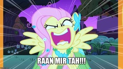 Size: 800x450 | Tagged: safe, edit, edited screencap, screencap, fluttershy, pegasus, pony, g4, the best night ever, dragon shout, female, flutterrage, image macro, mare, meme, skyrim, solo, the elder scrolls, thu'um, you're going to love me