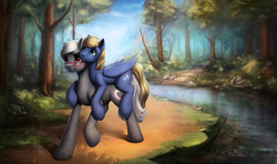 Size: 1600x944 | Tagged: safe, artist:l1nkoln, oc, oc only, oc:black forest, oc:cloud quake, earth pony, pegasus, pony, forest, gay, glasses, male, ponies riding ponies, riding, river, scenery, shipping, stallion