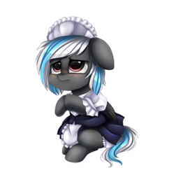 Size: 1612x1663 | Tagged: safe, artist:pridark, oc, oc only, oc:cosmic ice, pegasus, pony, ashamed, blushing, clothes, commission, cute, floppy ears, maid, ocbetes, shy, simple background, solo, transparent background