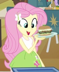 Size: 307x372 | Tagged: safe, screencap, fluttershy, equestria girls, g4, my little pony equestria girls, burger, clothes, cropped, female, food, skirt, solo