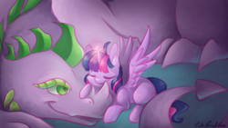 Size: 7680x4320 | Tagged: safe, artist:cutepencilcase, spike, twilight sparkle, alicorn, dragon, pony, g4, absurd resolution, duo, eyes closed, older, older spike, resting, smiling, twilight sparkle (alicorn)