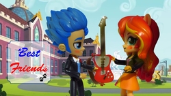 Size: 1280x720 | Tagged: safe, artist:whatthehell!?, flash sentry, sunset shimmer, equestria girls, g4, canterlot high, doll, equestria girls minis, female, guitar, male, school, ship:flashimmer, shipping, straight, toy