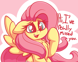 Size: 1720x1378 | Tagged: safe, artist:graphene, fluttershy, pegasus, pony, cute, dialogue, female, looking at you, mare, open mouth, shyabetes, smiling, solo