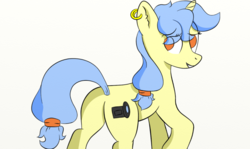 Size: 1156x690 | Tagged: safe, artist:leapingriver, oc, oc only, oc:viewing pleasure, pony, unicorn, butt, like what you see?, looking back, no pupils, plot, ponytail, raised eyebrow, raised hoof, simple background, smiling, solo, white background