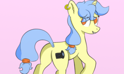 Size: 1159x689 | Tagged: safe, artist:leapingriver, oc, oc only, oc:viewing pleasure, pony, unicorn, butt, like what you see?, looking back, no pupils, pink background, plot, ponytail, raised eyebrow, raised hoof, simple background, smiling, solo