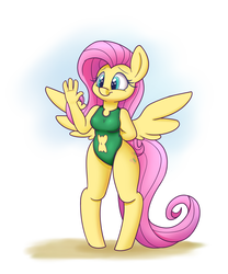 Size: 1500x1800 | Tagged: safe, artist:heir-of-rick, fluttershy, anthro, unguligrade anthro, g4, belly button, clothes, cute, female, hello, navel cutout, one-piece swimsuit, shyabetes, solo, swimsuit, waving