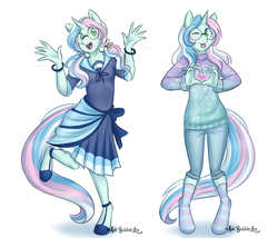 Size: 3511x3000 | Tagged: safe, artist:askbubblelee, oc, oc only, oc:wish list, unicorn, anthro, unguligrade anthro, anthro oc, art trade, clothes, cute, dress, female, glasses, heart, high res, jazz hands, looking at you, mare, multicolored hair, ocbetes, pants, self ponidox, simple background, smiling, socks, striped socks, sweater, white background
