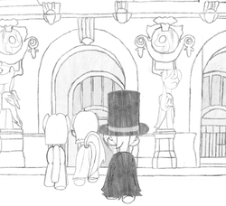 Size: 1267x1153 | Tagged: safe, artist:dsb71013, oc, oc only, oc:amber spark, oc:night cap, oc:static signal, cape, clothes, comic, hat, monochrome, statue, top hat