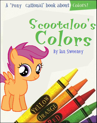Size: 374x475 | Tagged: safe, artist:ian sweeney, edit, scootaloo, pegasus, pony, g4, book, crayon, female, filly, parody, ponytales, simple background, smiling, solo, spread wings, veggietales, white background, wings