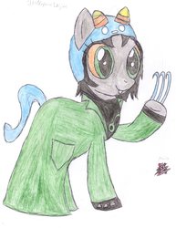 Size: 2550x3300 | Tagged: safe, artist:aridne, pony, claws, clothes, coat, colored pencil drawing, fake tail, female, high res, homestuck, mare, nepeta leijon, ponified, solo, traditional art, troll (homestuck)