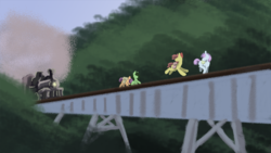 Size: 960x540 | Tagged: artist needed, source needed, safe, apple bloom, scootaloo, sweetie belle, oc, oc:filly anon, earth pony, pegasus, pony, unicorn, bridge, cutie mark crusaders, female, filly, stand by me (film), this will end in tears and/or death and/or covered in tree sap, train