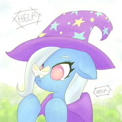 Size: 1791x1791 | Tagged: safe, artist:sigpi, trixie, butterfly, pony, unicorn, g4, :<, adorable distress, bust, butterfly on nose, cape, clothes, crying, cute, dialogue, diatrixes, female, floppy ears, hat, heart, help, insect on nose, mare, nervous, portrait, scared, soft color, solo, speech bubble, sweat, trixie's cape, trixie's hat