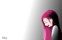 Size: 1500x960 | Tagged: safe, artist:linlaifeng, pinkie pie, g4, clothes, crying, eyes closed, female, gradient background, open mouth, pinkamena diane pie, sad, signature, solo