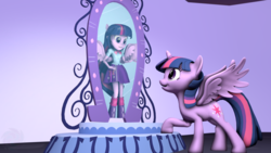 Size: 1024x576 | Tagged: safe, artist:neon-ns, twilight sparkle, alicorn, human, pony, equestria girls, g4, 3d, clothes, duality, human ponidox, leg warmers, magic mirror, ponied up, scene interpretation, self paradox, self ponidox, skirt, source filmmaker, twilight sparkle (alicorn)