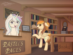 Size: 1024x768 | Tagged: safe, artist:novaintellus, oc, oc only, oc:autumn topaz, oc:pastel tanzanite, pegasus, pony, unicorn, book, bookshelf, duo, duster, mouth hold