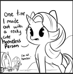 Size: 851x863 | Tagged: safe, artist:tjpones, starlight glimmer, trixie, pony, unicorn, g4, black and white, confession, dialogue, female, grayscale, homeless, lesbian, missing cutie mark, monochrome, pony confession, poor, ship:startrix, shipping, trixie is poor, trixie's wagon