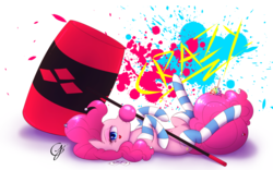 Size: 1920x1200 | Tagged: safe, artist:laptop-pone, pinkie pie, earth pony, pony, g4, belly button, bubblegum, clothes, crossover, female, food, gum, hammer, harley quinn, heart, heart eyes, mallet, on back, sign, socks, solo, striped socks