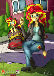 Size: 1476x2066 | Tagged: safe, artist:calena, sunset shimmer, human, pony, unicorn, equestria girls, g4, backpack, canterlot high, chest fluff, clothes, female, human ponidox, jacket, mare, plushie, self plushidox, self ponidox, shoes, sitting, solo
