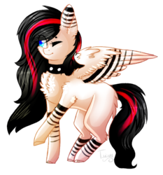 Size: 823x883 | Tagged: safe, artist:twinkepaint, oc, oc only, oc:jemmie j, pegasus, pony, chest fluff, choker, colored pupils, female, mare, one eye closed, pegasus oc, simple background, solo, transparent background, wings, wink