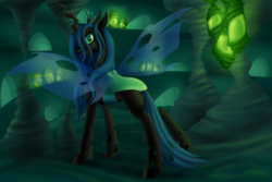 Size: 1600x1067 | Tagged: safe, artist:mythpony, queen chrysalis, changeling, changeling queen, g4, changeling hive, cocoon, crown, fangs, female, jewelry, looking at you, looking back, looking back at you, regalia, slit pupils, solo, standing, transparent wings, wings