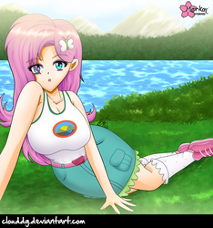 Size: 937x1000 | Tagged: safe, artist:clouddg, fluttershy, equestria girls, g4, my little pony equestria girls: legend of everfree, big breasts, breasts, busty fluttershy, camp everfree outfits, clothes, cute, denim skirt, female, grass, human coloration, lake, looking at you, shoes, skirt, socks, solo