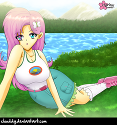 Size: 937x1000 | Tagged: safe, artist:clouddg, fluttershy, equestria girls, g4, my little pony equestria girls: legend of everfree, big breasts, breasts, busty fluttershy, camp everfree outfits, clothes, cute, denim skirt, female, grass, lake, looking at you, open mouth, shoes, skirt, socks, solo