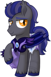 Size: 462x700 | Tagged: safe, artist:tambelon, oc, oc only, oc:evening overture, bat pony, pony, armor, male, night guard, raised leg, solo, stallion, watermark