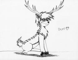 Size: 3217x2512 | Tagged: safe, artist:haruka takahashi, deer, anatomically incorrect, antlers, heart, high res, monochrome, sitting, solo, traditional art