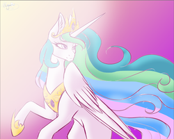 Size: 1002x802 | Tagged: safe, artist:minelvi, artist:rainbowstormreal, princess celestia, pony, g4, bipedal, collaboration, crown, female, jewelry, peytral, regalia, solo