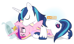 Size: 1200x720 | Tagged: safe, artist:dm29, princess cadance, shining armor, g4, duo, female, husband and wife, male, patreon, patreon logo, ship:shiningcadance, shipping, simple background, snuggling, straight, transparent background, unshorn fetlocks