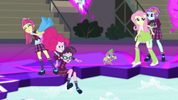Size: 1920x1080 | Tagged: safe, screencap, fluttershy, pinkie pie, sour sweet, spike, spike the regular dog, sunny flare, varsity trim, dog, equestria girls, g4, my little pony equestria girls: friendship games, angry, boots, canterlot, canterlot high, clothes, crystal prep academy uniform, dimensional cracks, eyes closed, freckles, glasses, high heel boots, open mouth, raised leg, school uniform, shoes, skirt, socks, spike's dog collar