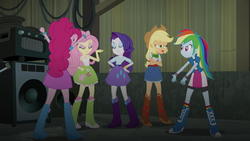 Size: 1920x1080 | Tagged: safe, screencap, applejack, fluttershy, pinkie pie, rainbow dash, rarity, equestria girls, g4, my little pony equestria girls: rainbow rocks, angry, argument, boots, bracelet, clothes, cowboy boots, eyes closed, female, high heel boots, humane five, jewelry, skirt, socks